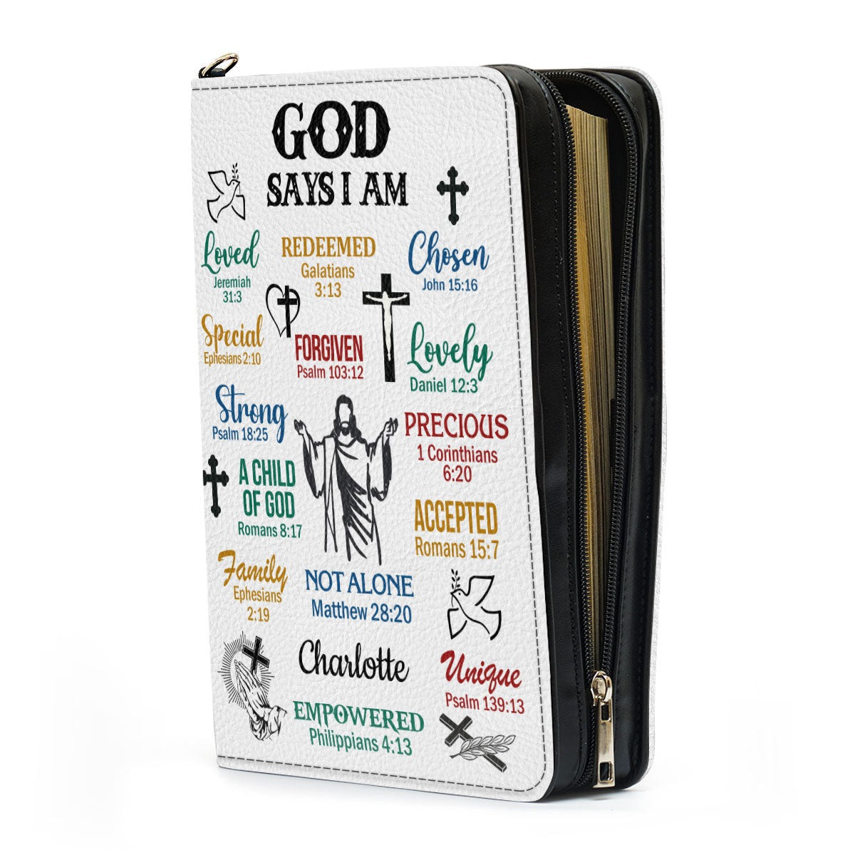 What God Says About You Leather Book Cover, Inspirational Gifts For Christians Prayers, Personalized Zippered Bible Cover With Handle. BCLAF02